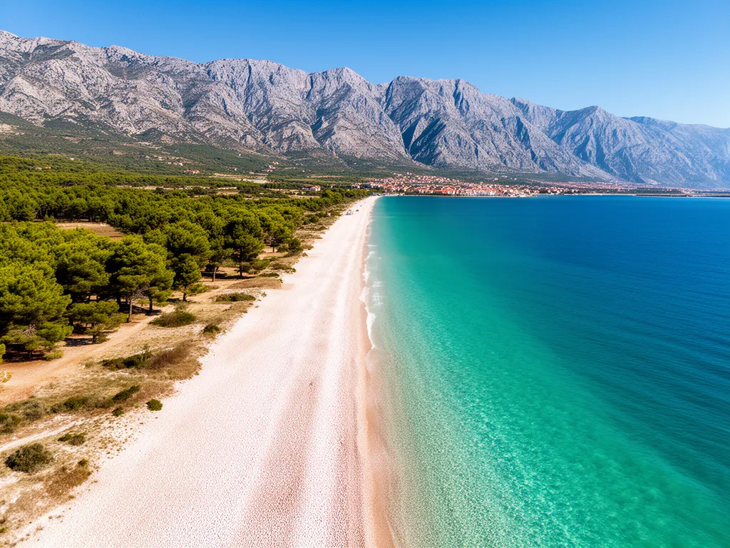Tucepi Chorwacja – panorama plaży żwirowej z widokiem na masyw Biokovo i lazurowe Morze Adriatyckie