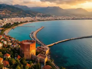 Turcja Alanya widok na wybrzeże z Czerwoną Wieżą i turkusowe wody Morza Śródziemnego