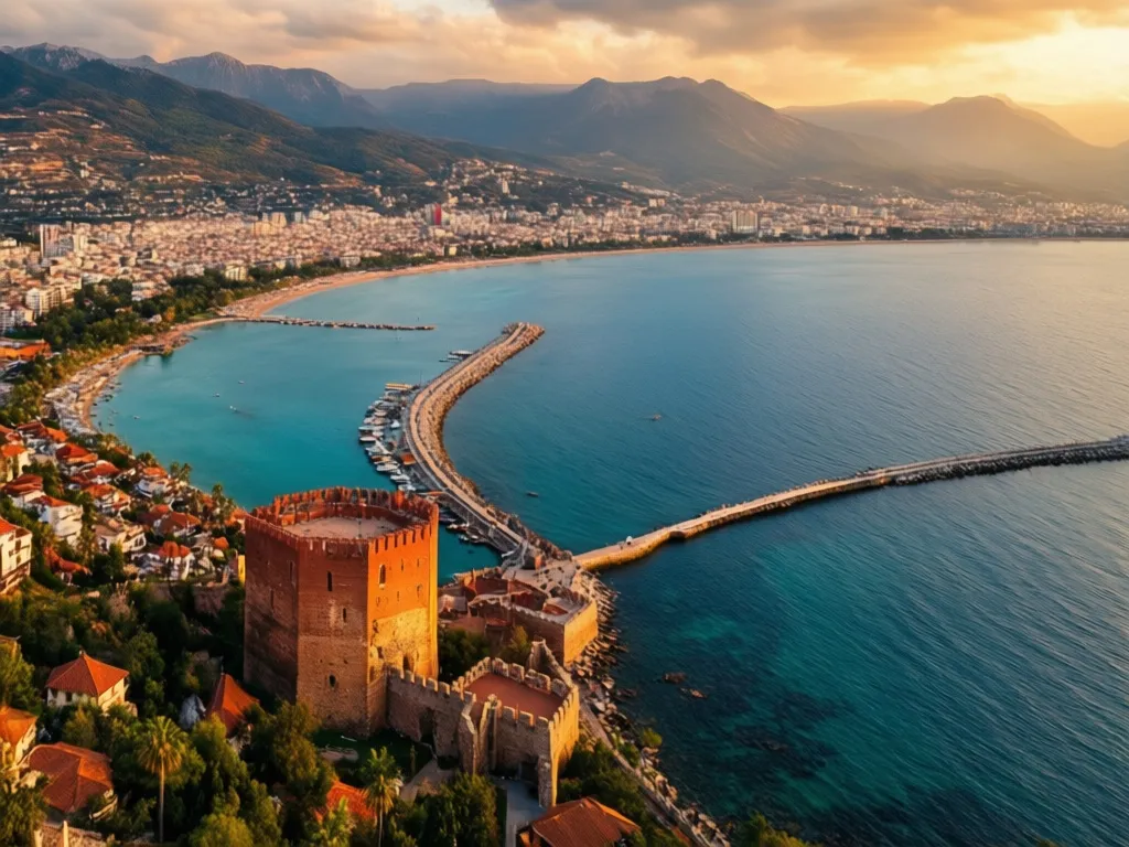 Turcja Alanya widok na wybrzeże z Czerwoną Wieżą i turkusowe wody Morza Śródziemnego