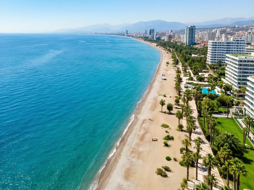 Turcja Antalya wakacje - panorama wybrzeża tureckiej Riwiery z plażami i hotelami nad Morzem Śródziemnym