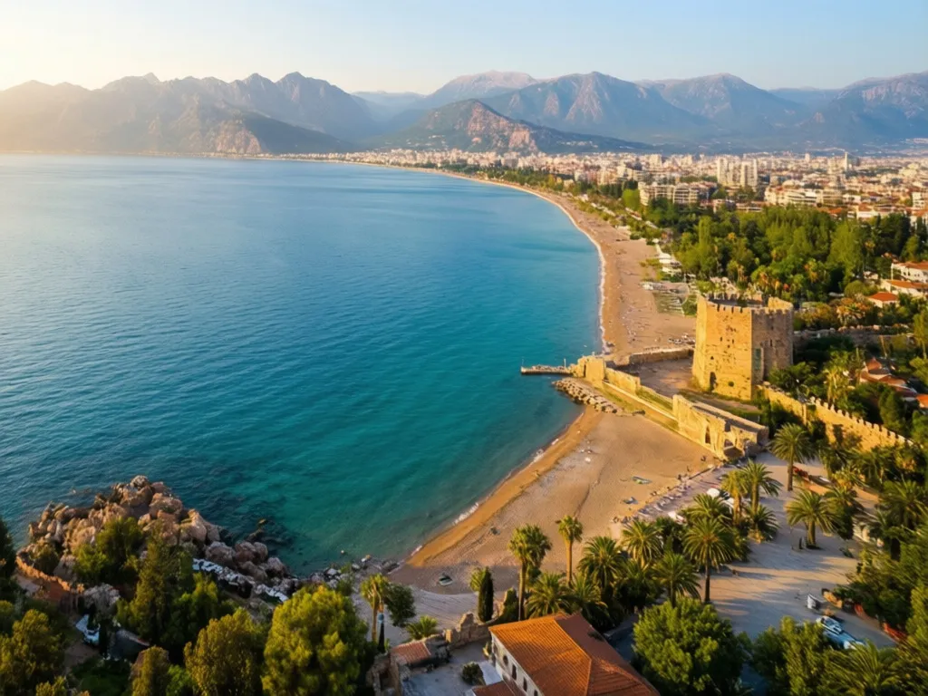Wybrzeże Turcja Antalya z turkusowym morzem, plażami i górami Taurus w tle