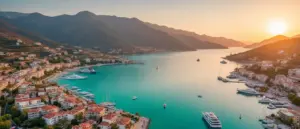 Turcja Marmaris wakacje - malownicza zatoka z turkusową wodą i górami w tle o zachodzie słońca