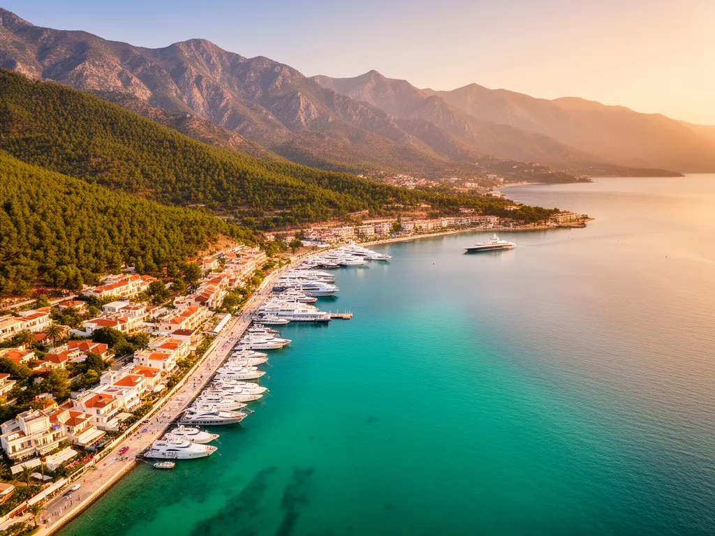 Turcja Marmaris - widok na zatokę Morza Egejskiego z portem jachtowym i górami porośniętymi sosnami