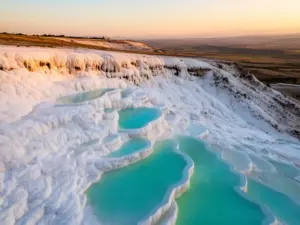 Turcja Pamukkale – białe tarasy wapienne z turkusowymi basenami termalnymi na tle błękitnego nieba
