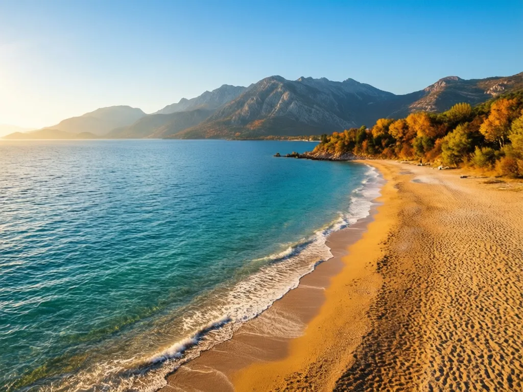 Turcja pogoda październik – słoneczna plaża nad Morzem Śródziemnym z turkusową wodą i błękitnym niebem