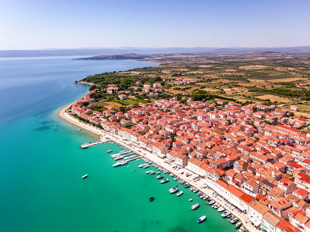 Umag Chorwacja - widok na miasto portowe na półwyspie Istria z lazurowym Morzem Adriatyckim i czerwonymi dachami