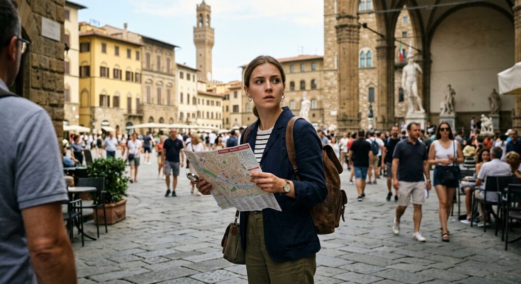 A high-quality, editorial-style conceptual photograph of a wary traveler holding a map while standin
