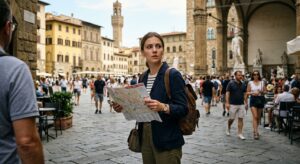 A high-quality, editorial-style conceptual photograph of a wary traveler holding a map while standin