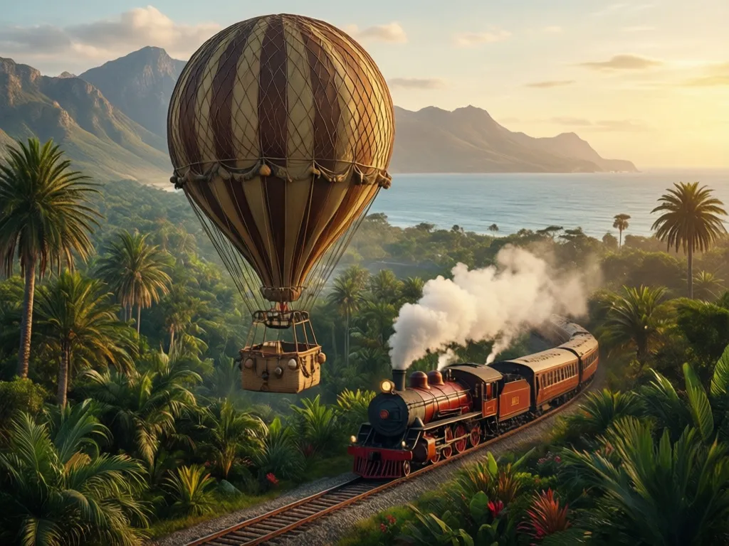 Balon i pociąg symbolizujące podróż w 80 dni dookoła świata inspirowaną powieścią Verne'a