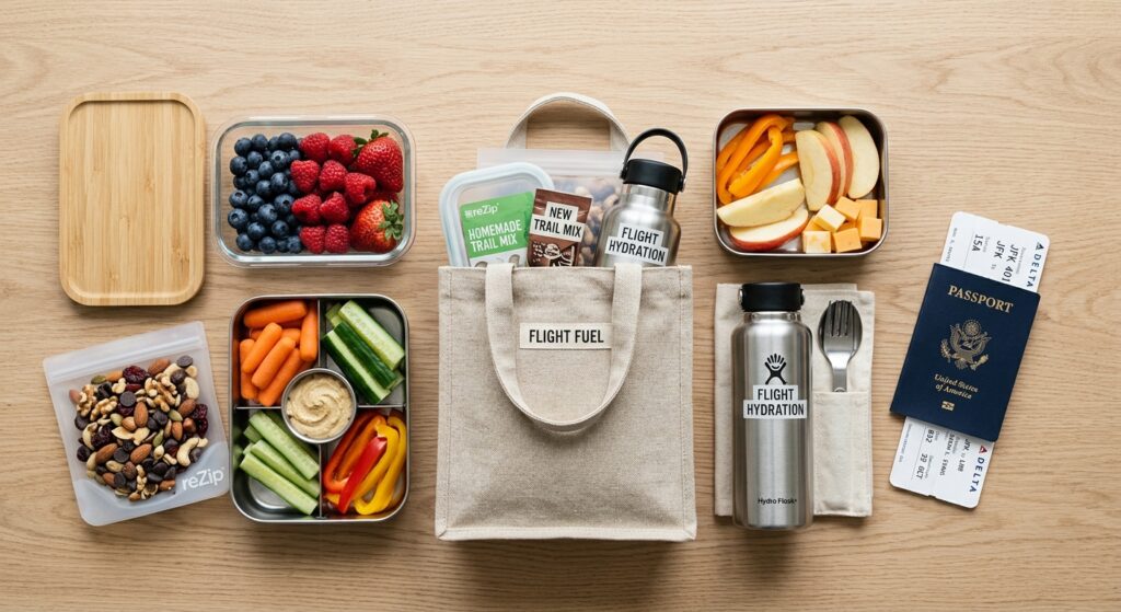 A high-quality, top-down editorial photograph of a organized collection of healthy, money-saving air