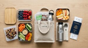A high-quality, top-down editorial photograph of a organized collection of healthy, money-saving air