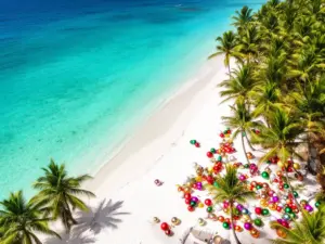 Tropikalna plaża z choinkowymi dekoracjami idealna na wakacje grudzień z dala od zimy