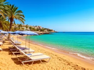 Plaża z leżakami i parasolami nad turkusowym morzem – idealne miejsce na wakacje last minute w 2026 roku