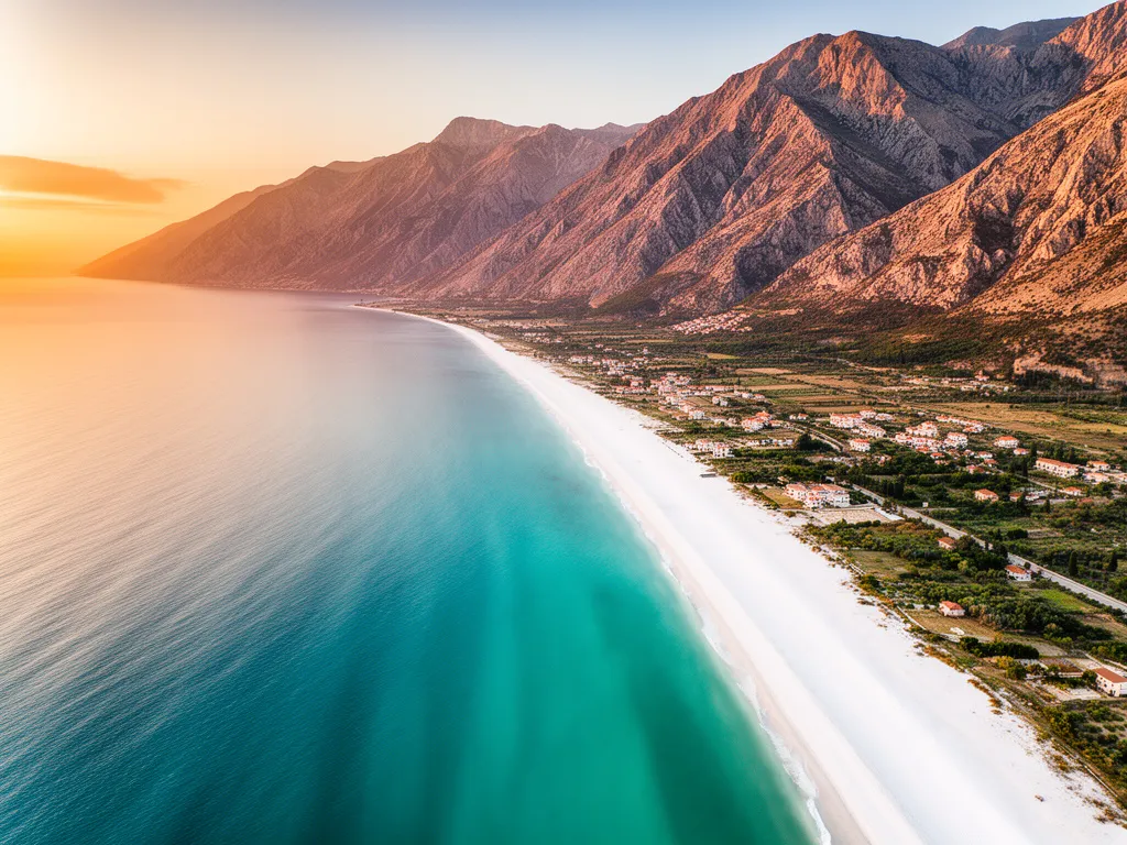 Piękna plaża Riwiery Albańskiej - idealne miejsce na wakacje last minute albania z turkusowym morzem i górami