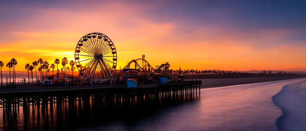 Molo Santa Monica o zachodzie słońca - idealne miejsce na wakacje Los Angeles z widokiem na ocean
