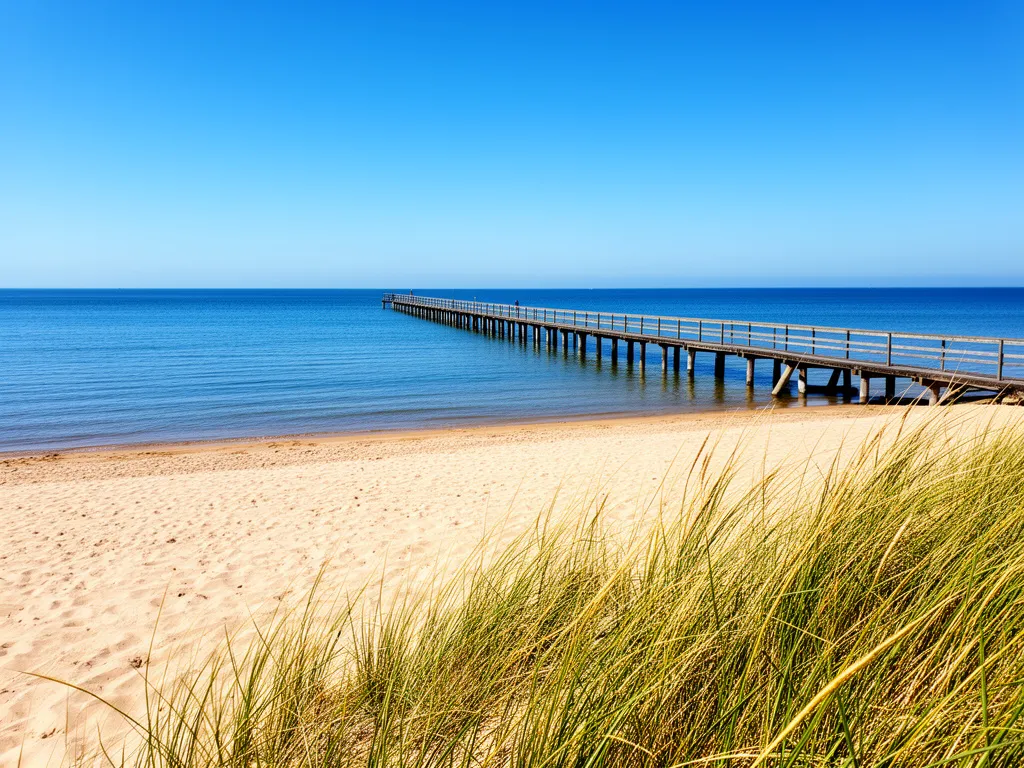 Piaszczysta plaża nad Bałtykiem z drewnianym pomostem - idealne miejsce na wakacje nad morzem w Polsce