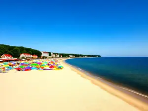 Polska plaża nad Bałtykiem - popularna destynacja wakacje pl 2026 z kolorowymi parasolami