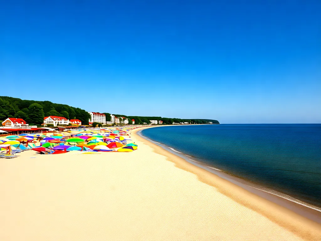 Polska plaża nad Bałtykiem - popularna destynacja wakacje pl 2026 z kolorowymi parasolami