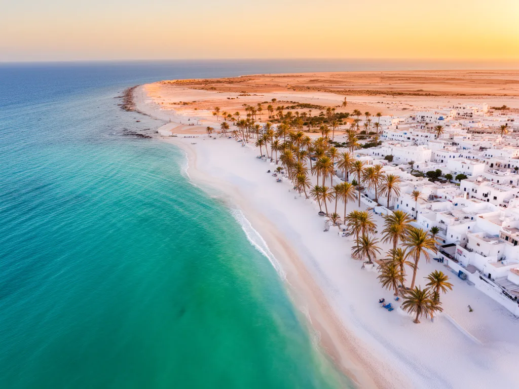 Wakacje pl Djerba - widok na wybrzeże tunezyjskiej wyspy z turkusowym morzem i palmami
