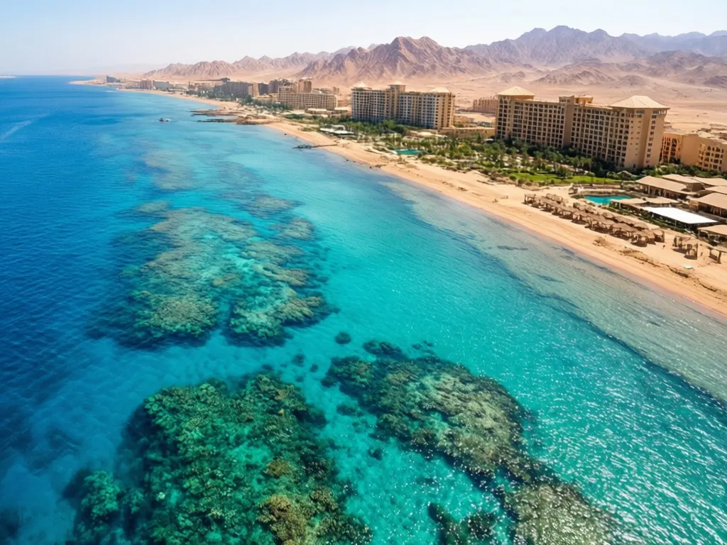 Wakacje pl egipt hurghada - widok na wybrzeże Morza Czerwonego z hotelami i plażami w kurorcie Hurghada