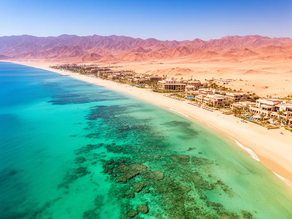 Wakacje pl egipt marsa alam - widok na turkusowe wody Morza Czerwonego i piaszczyste plaże kurortu z rafami koralowymi