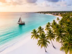 Rajska plaża z turkusową wodą na Zanzibarze - wakacje pl zanzibar w tropikalnym raju Oceanu Indyjskiego