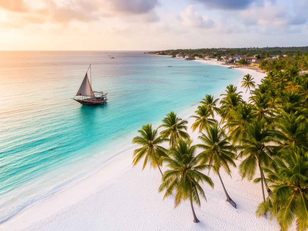 Rajska plaża z turkusową wodą na Zanzibarze - wakacje pl zanzibar w tropikalnym raju Oceanu Indyjskiego