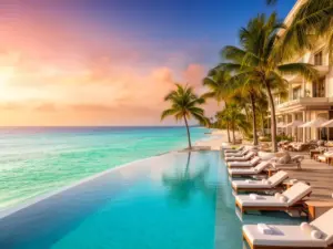Luksusowy basen hotelowy z widokiem na ocean - symbol wakacji ultra all inclusive w ekskluzywnym kurorcie