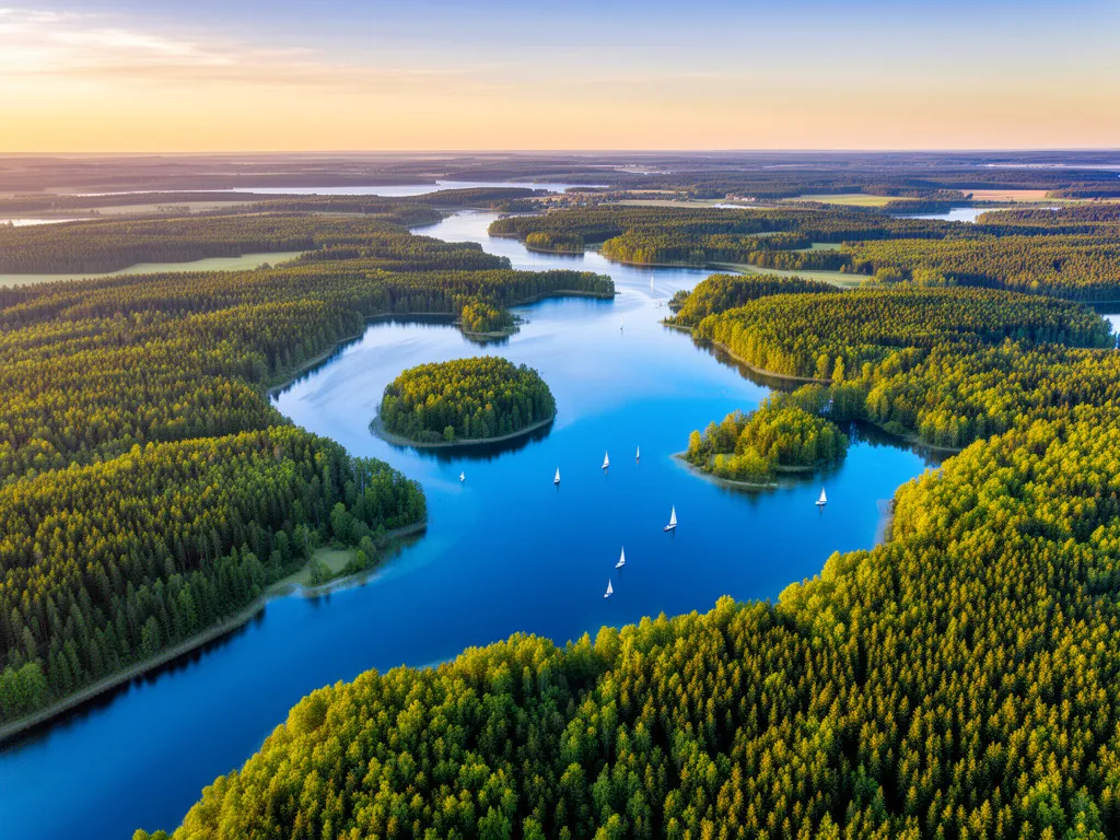 Warmia i Mazury – malowniczy krajobraz jezior mazurskich otoczonych lasami widziany z lotu ptaka
