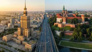 Trasa Warszawa Kraków - widok na charakterystyczne budynki obu miast połączone autostradą