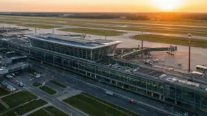 Lotnisko Warszawa Modlin widok z lotu ptaka na terminal i pas startowy