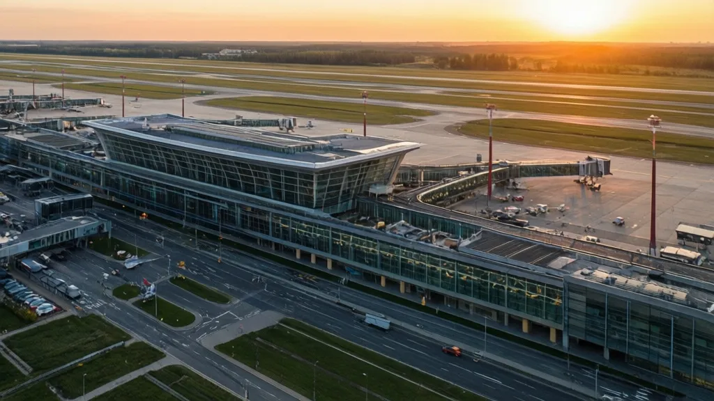 Lotnisko Warszawa Modlin widok z lotu ptaka na terminal i pas startowy