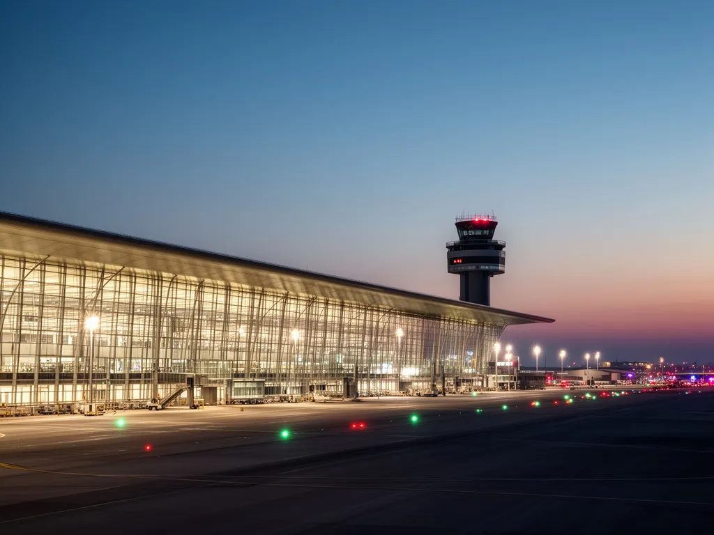 Nowoczesny terminal Lotniska Chopina Warszawa Okęcie widok z zewnątrz o zmierzchu z podświetloną fasadą