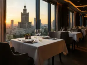 Warszawa restauracje - widok na Pałac Kultury z eleganckiej restauracji w centrum stolicy Polski