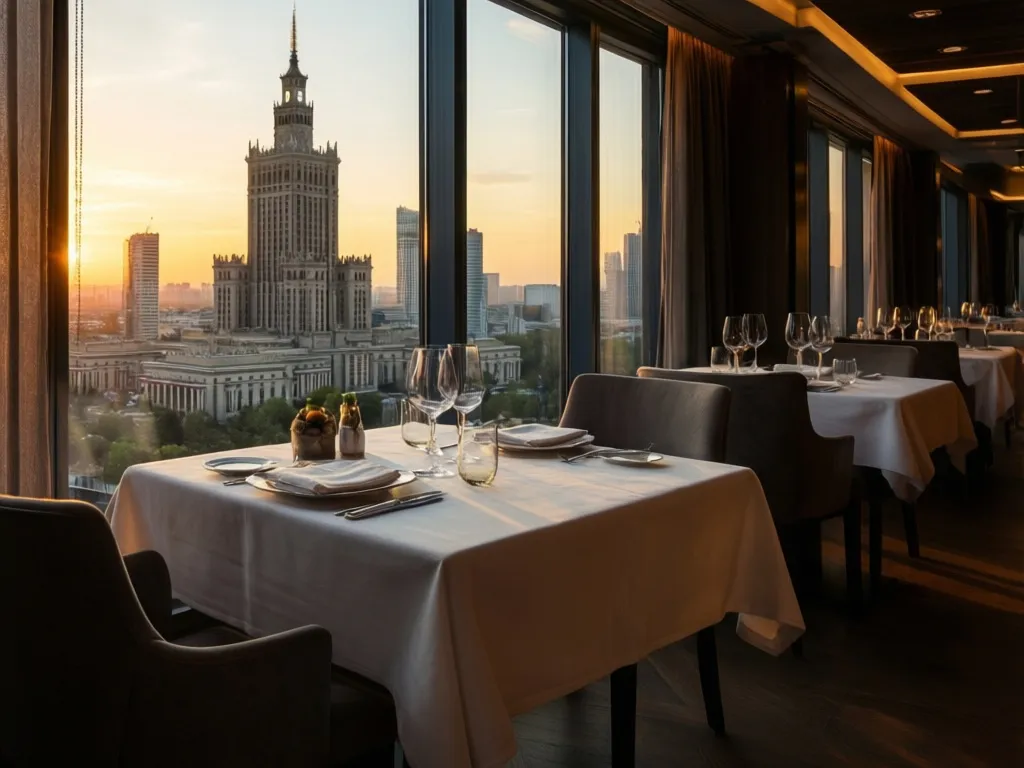 Warszawa restauracje - widok na Pałac Kultury z eleganckiej restauracji w centrum stolicy Polski
