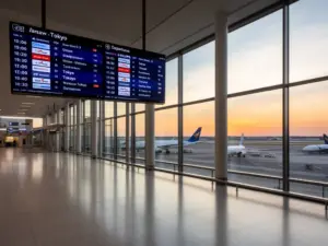 Tablica odlotów pokazująca warszawa tokio loty na nowoczesnym lotnisku z widokiem na płytę lotniskową
