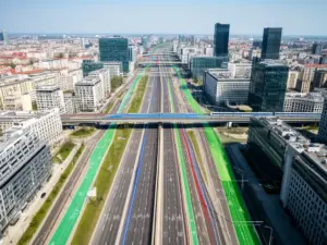 Warszawa trasy komunikacyjne - widok z lotu ptaka na sieć dróg i połączeń transportowych w stolicy Polski