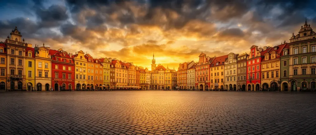 Warszawa w pigułce – panorama Rynku Starego Miasta ze słynnymi kamieniczkami i brukowanymi ulicami w złotej godzinie