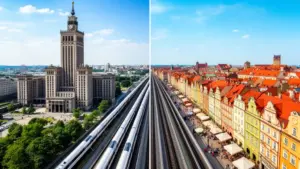 Trasa Warszawa Wrocław - widok na charakterystyczne budynki obu miast połączone trasą kolejową