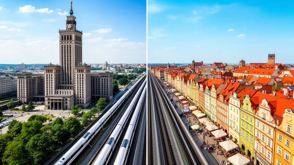 Trasa Warszawa Wrocław - widok na charakterystyczne budynki obu miast połączone trasą kolejową