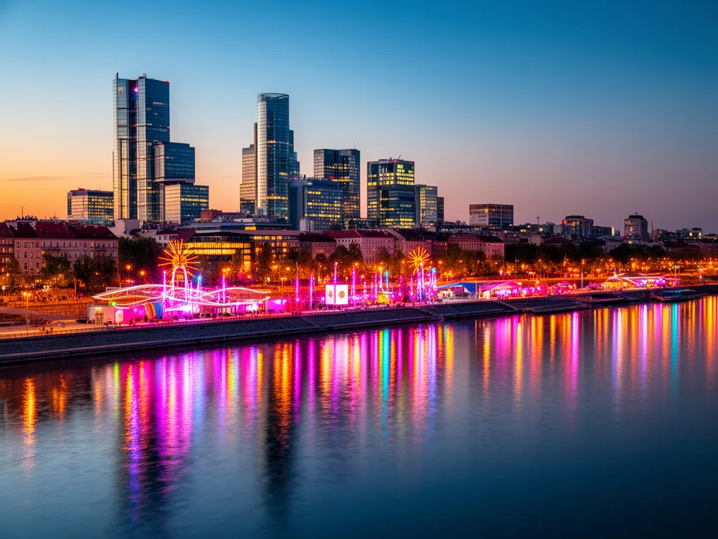 Panorama Warszawy nad Wisłą z kolorowymi światłami festiwalowymi – warszawa wydarzenia kulturalne i rozrywkowe w stolicy