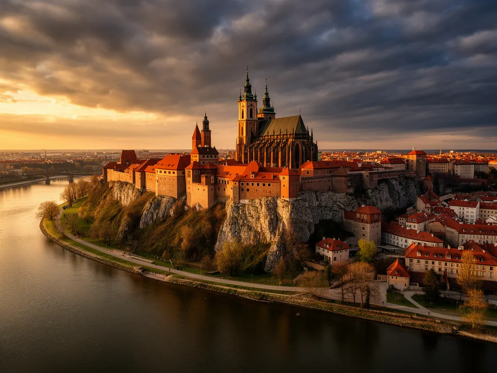 Wawel Kraków - widok na zamek królewski i katedrę na wzgórzu wawelskim nad Wisłą o zachodzie słońca