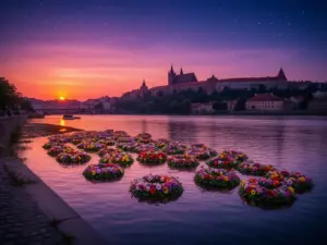 Wianki Kraków 2026 nad Wisłą z widokiem na Wawel i pływające wianki kwiatowe o zmierzchu