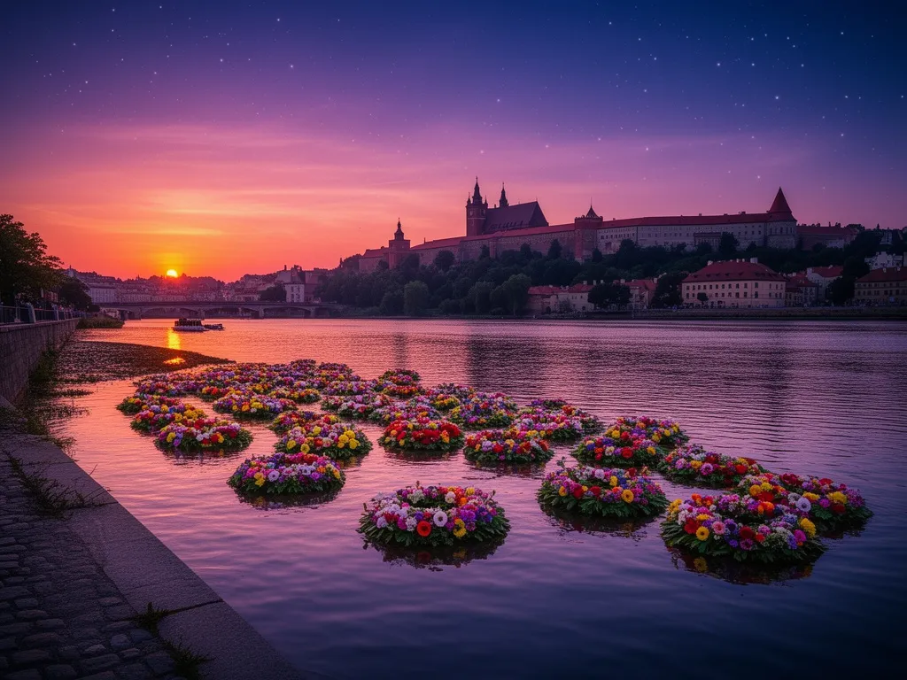 Wianki Kraków 2026 nad Wisłą z widokiem na Wawel i pływające wianki kwiatowe o zmierzchu