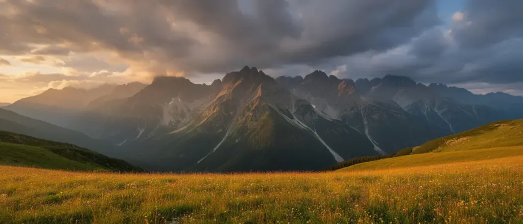 Widok na Tatry z zielonej polany – panorama wysokich szczytów górskich o zachodzie słońca