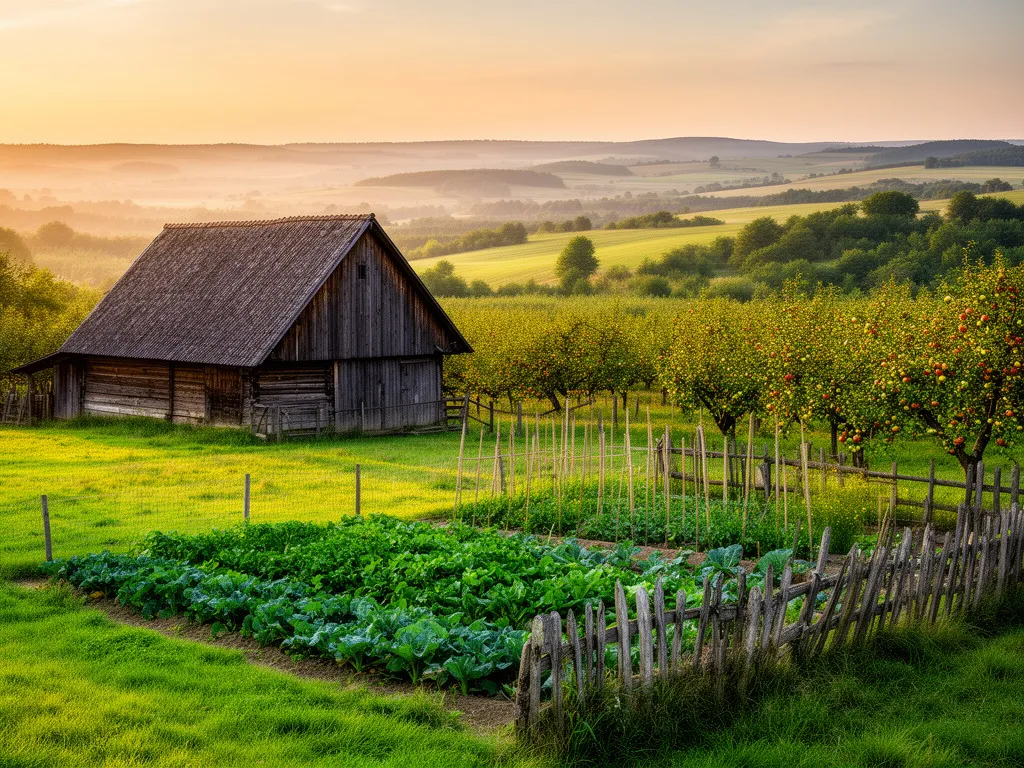 Wiejskie gospodarstwo agroturystyczne z drewnianą stodołą, zielonymi łąkami i sadem owocowym na polskiej wsi