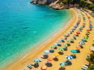 Plaża nad morzem z leżakami i parasolami - idealne miejsce na wielkie wakacje latem