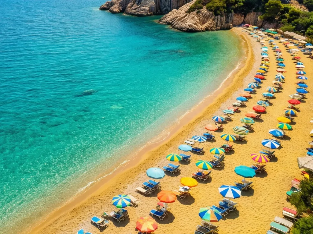Plaża nad morzem z leżakami i parasolami - idealne miejsce na wielkie wakacje latem