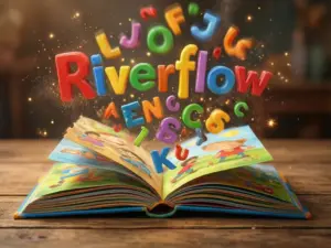 Otwarta książka z unoszącymi się literami symbolizująca wierszyki dla dzieci i magię poezji