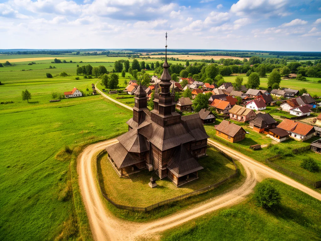 Wilkowyja mapa pokazująca malownicze mazowieckie wsie, gdzie kręcono serial Ranczo z charakterystycznym drewnianym kościołem